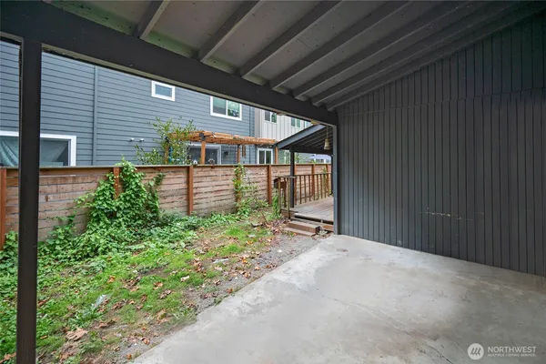 a porch with seating space