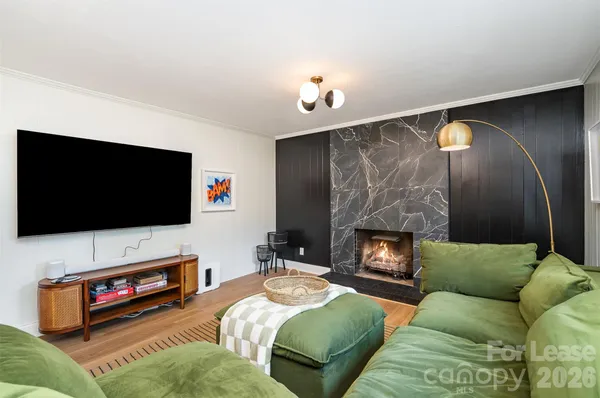a living room with furniture a flat screen tv and a fireplace