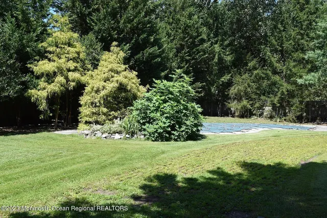 a view of yard with swimming pool and green space