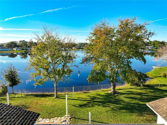 a aerial view of a house with swimming pool and large trees