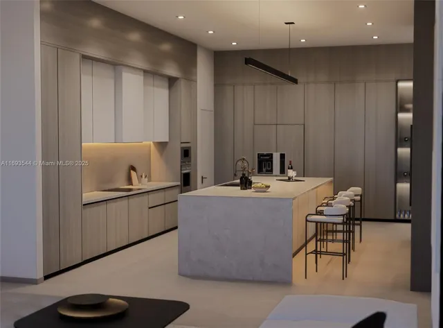 a room with table chairs and wooden cabinets