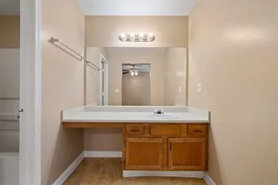 a bathroom with a sink vanity and a mirror