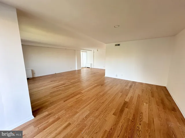 a view of empty room with wooden floor