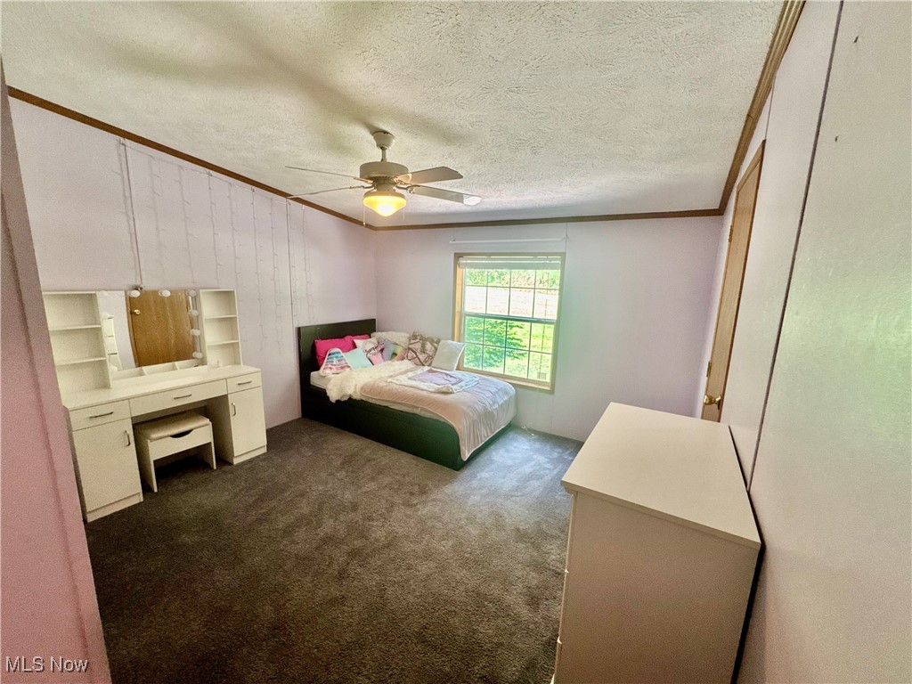 3264 Simpson Road Southeast Dennison, OH 44621 - Photo 24 of 29 Bedroom with a textured ceiling, dark colored carpet, ornamental molding, and ceiling fan