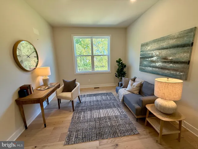a living room with furniture a rug and a window