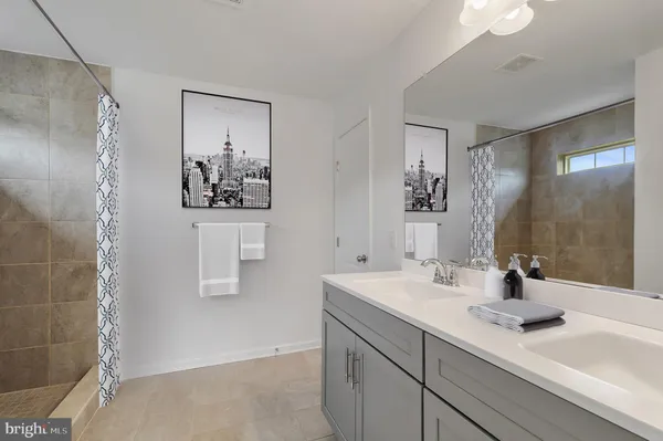 a bathroom with a sink a mirror and a shower