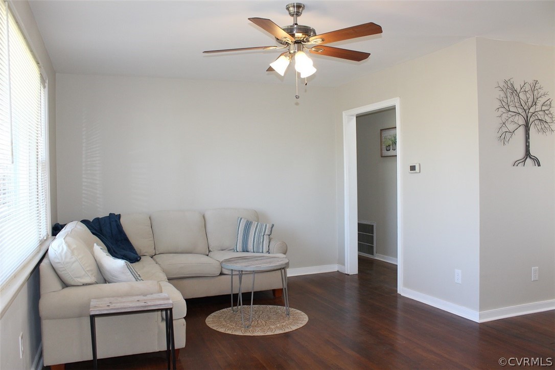 Living Room with hardwood floor and new ceiling fa