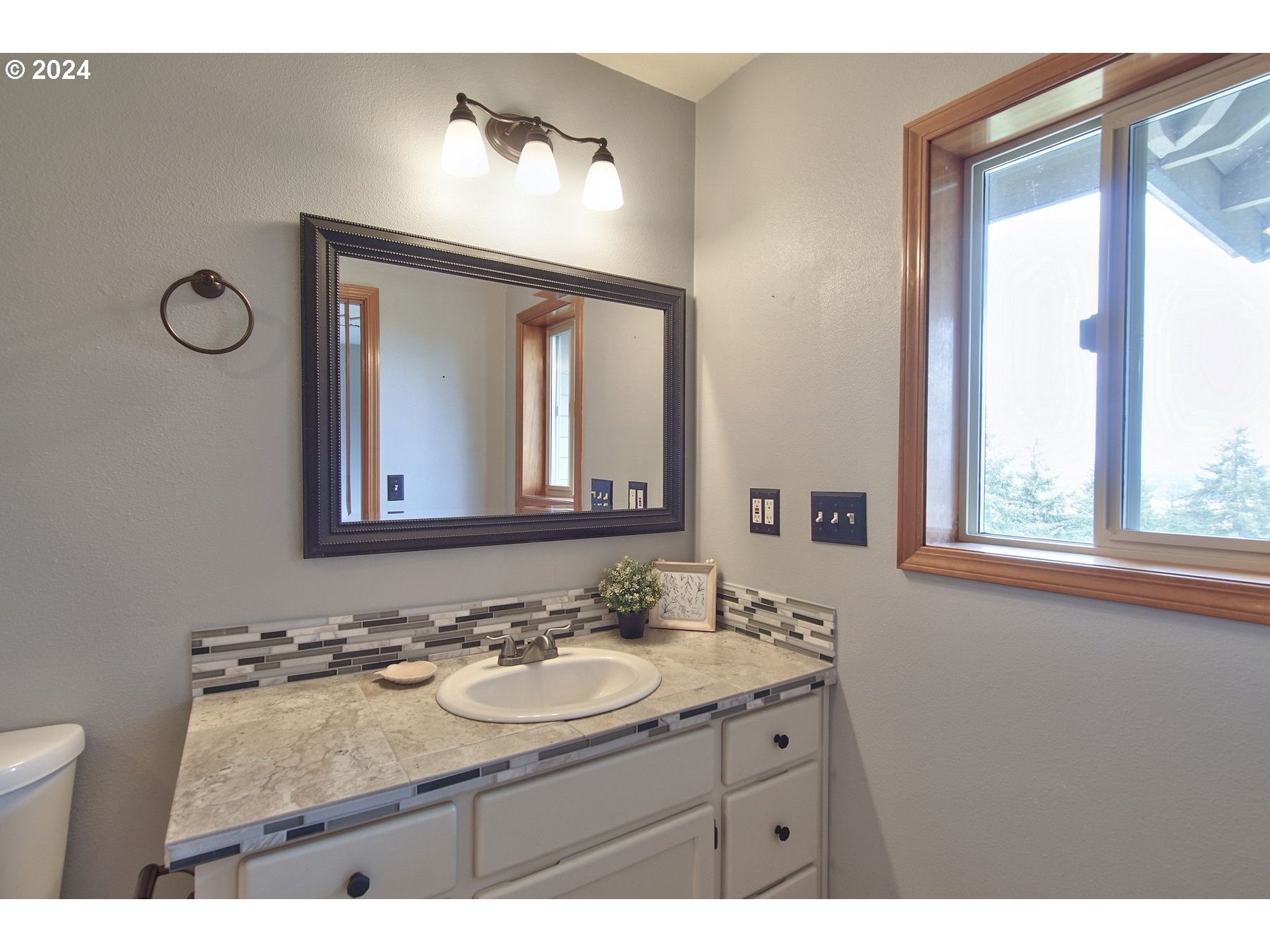 7255 Southwest Hergert Road Cornelius, OR 97113 - Photo 30 of 47 a bathroom with a granite countertop sink and a mirror