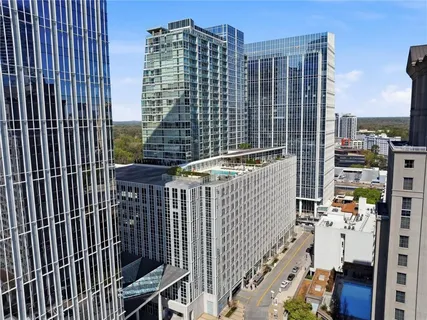 a city view with tall buildings