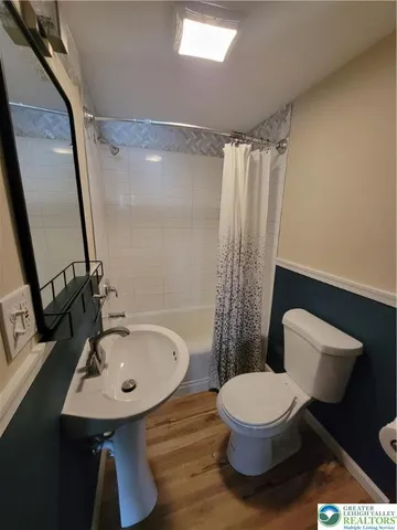 a bathroom with a toilet sink and mirror