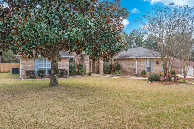 a view of a house with a yard and large tree