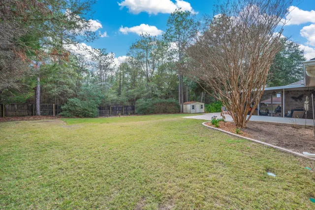 a view of a house with backyard and a tree