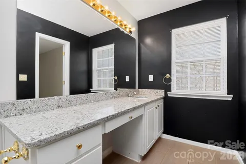 a bathroom with a granite countertop sink and a large mirror