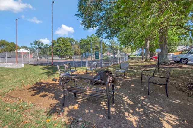 a view of a patio with table and chairs potted plants and large tree
