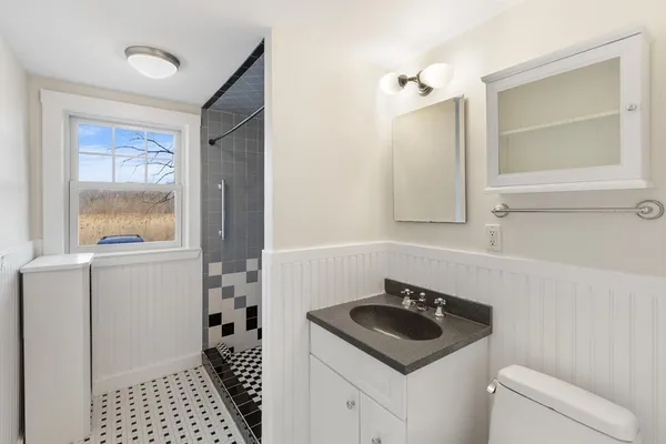 a bathroom with a sink a toilet and a window