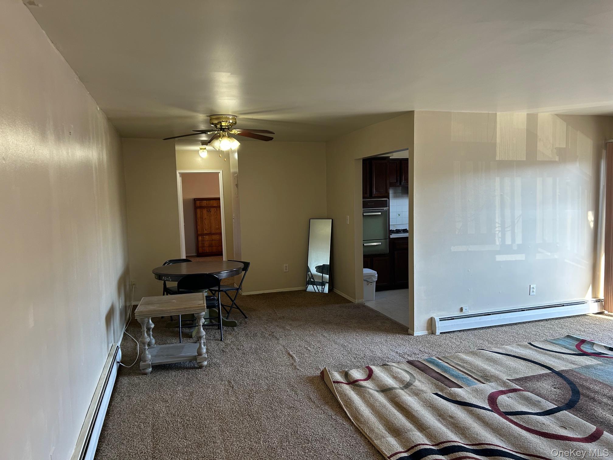 68 Sneden Place West, Unit 68 Spring Valley, NY 10977 - Photo 4 of 24 Unfurnished living room featuring ceiling fan, baseboard heating, and light carpet