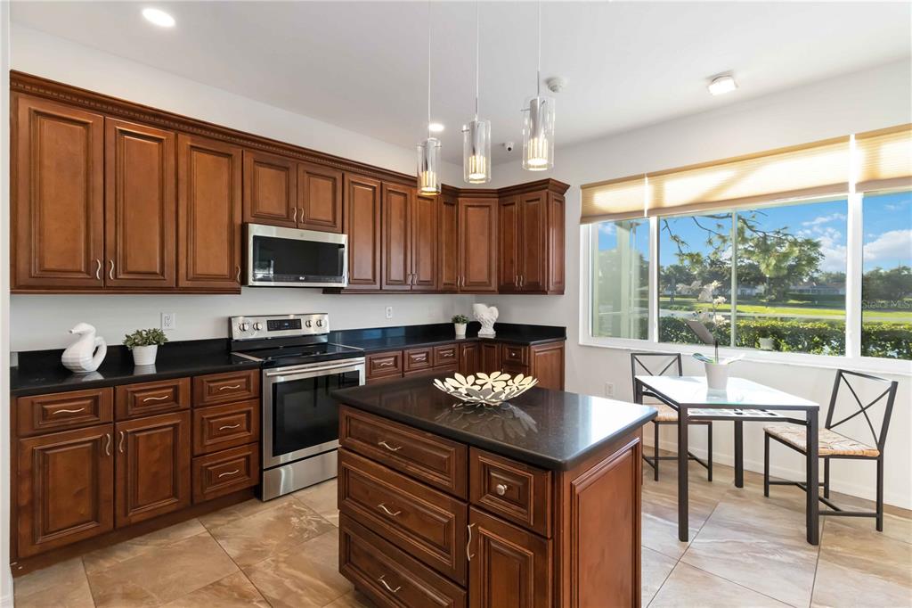 4223 Balmoral Way Sarasota, FL 34238 - Photo 14 of 72 a kitchen with kitchen island granite countertop a stove top oven a sink dishwasher and cabinets with wooden floor
