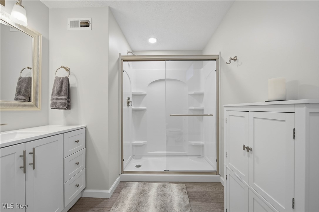 2132 Summerchase Road Northeast Canton, OH 44721 - Photo 37 of 49 Bathroom featuring light wood-type flooring, a stall shower, and vanity