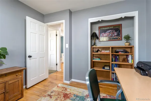 a view of a livingroom with furniture and closet