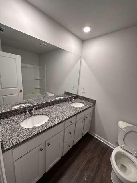 317 Lambert Overlook Circle Carrollton, GA 30117 - Photo 22 of 31 a bathroom with a granite countertop sink a toilet and a mirror