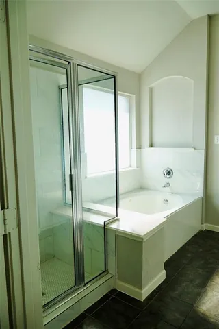 a bathroom with a bathtub and a shower