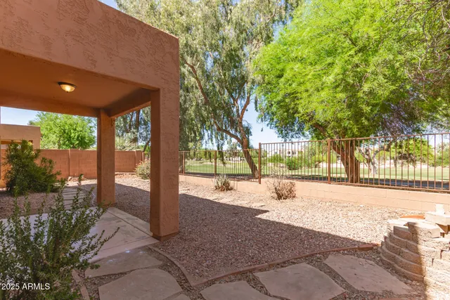 a view of a yard with plants and trees