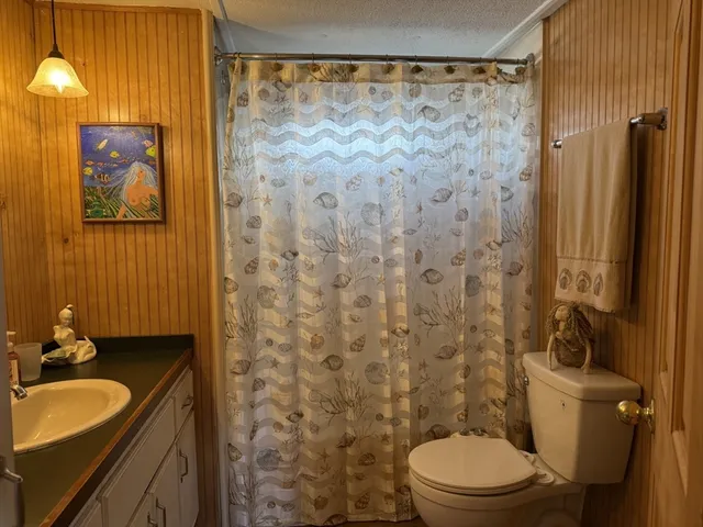 a bathroom with a granite countertop sink toilet and shower