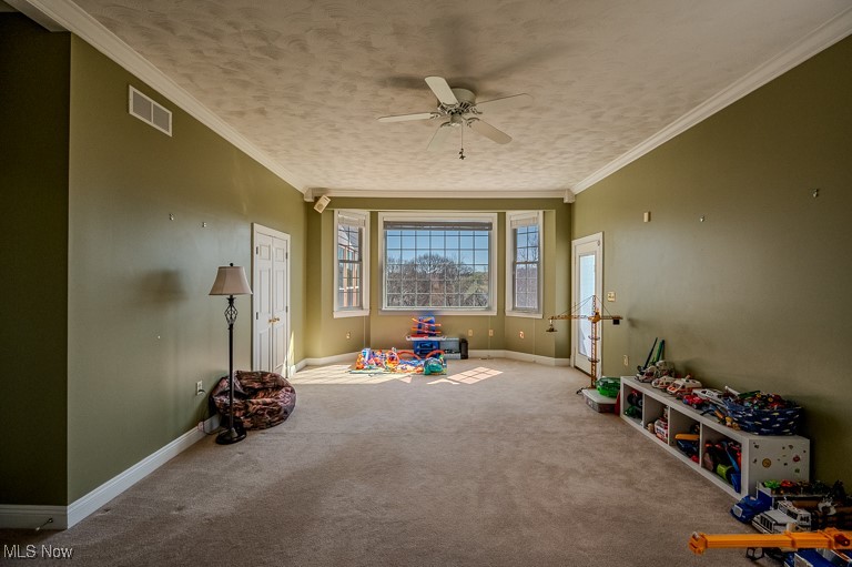 434 Rector Road Parkersburg, WV 26104 - Photo 16 of 50 Playroom with visible vents, crown molding, baseboards, ceiling fan, and carpet floors