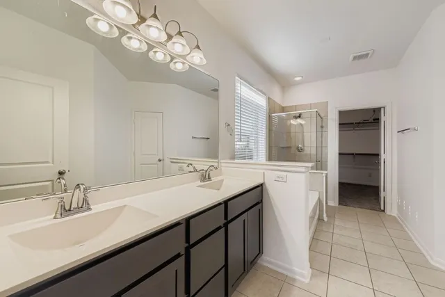 a bathroom with a sink a vanity a mirror and a shower