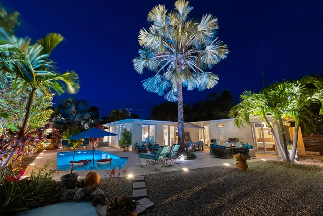 a view of a backyard with table and chairs potted plants
