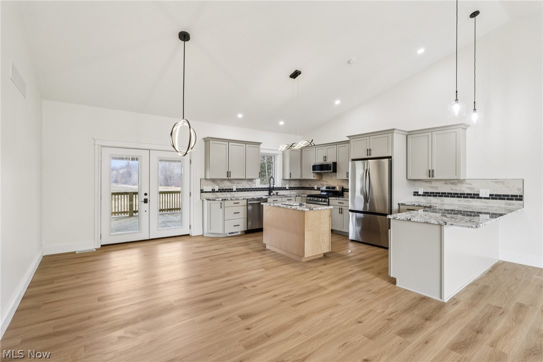 6535 North Ridge Road West Geneva, OH 44041 - Photo 6 of 48 Kitchen featuring a peninsula, stainless steel appliances, vaulted ceiling, french doors, and light stone countertops