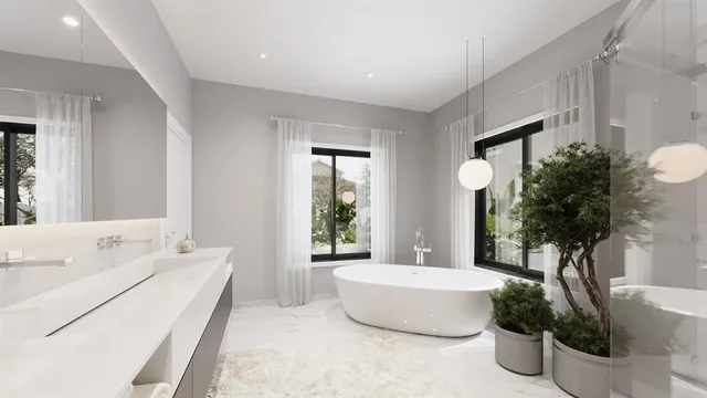 a living room with furniture and potted plant