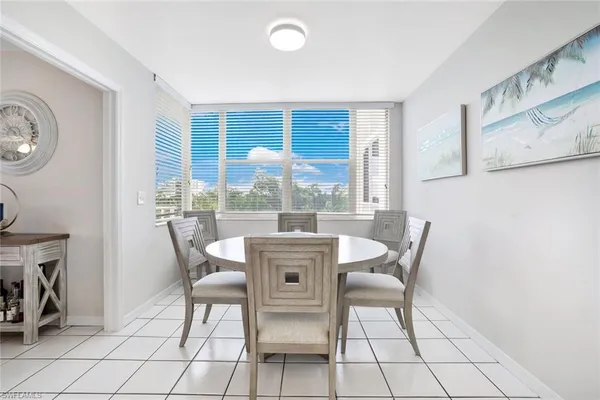 a view of a dining room with furniture window and outside view