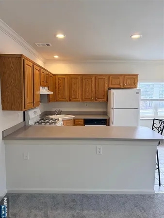 a kitchen with kitchen island a stove a sink and a refrigerator