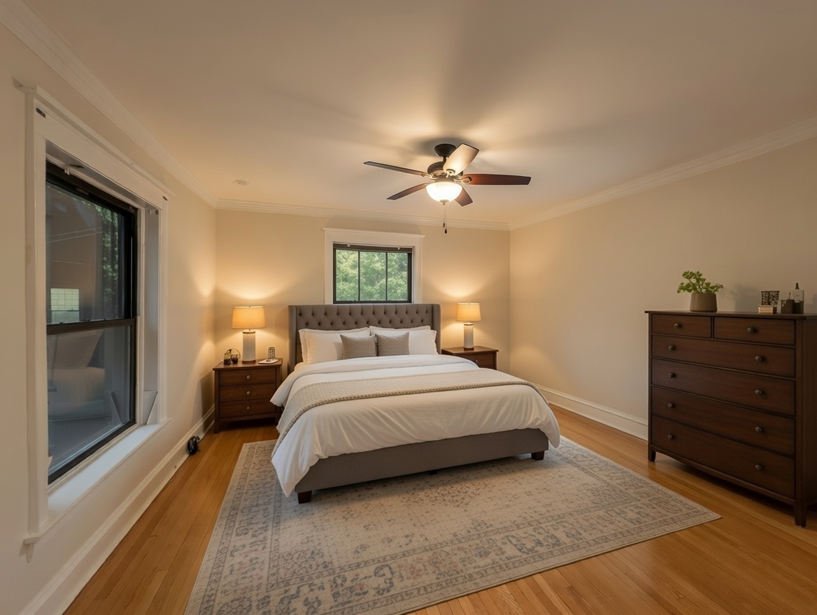 1419 East 56th Street, Unit 1 Chicago, IL 60637 - Photo 16 of 35 a spacious bedroom with a bed and a chandelier