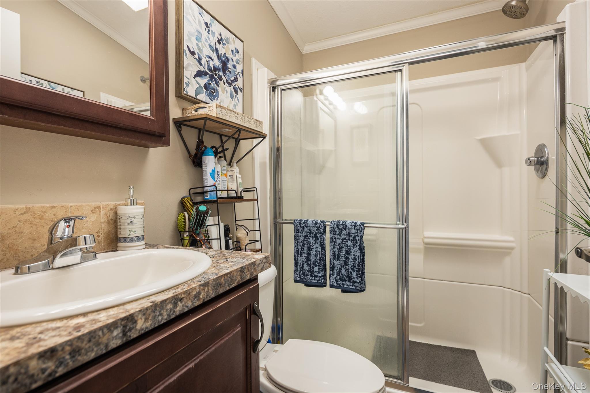 1661 Old Country Road, Unit 181 GLYNWOOD Riverhead, NY 11901 - Photo 8 of 13 a bathroom with a granite countertop sink toilet and a shower