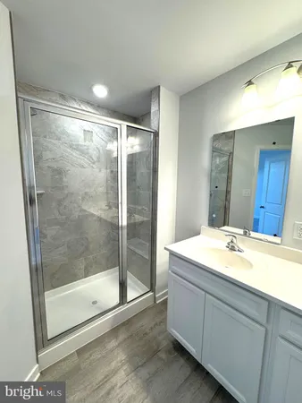 a bathroom with a shower sink and mirror