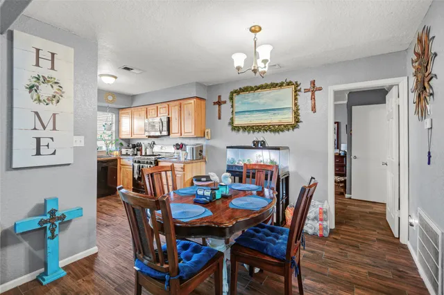 a view of a dining room with furniture