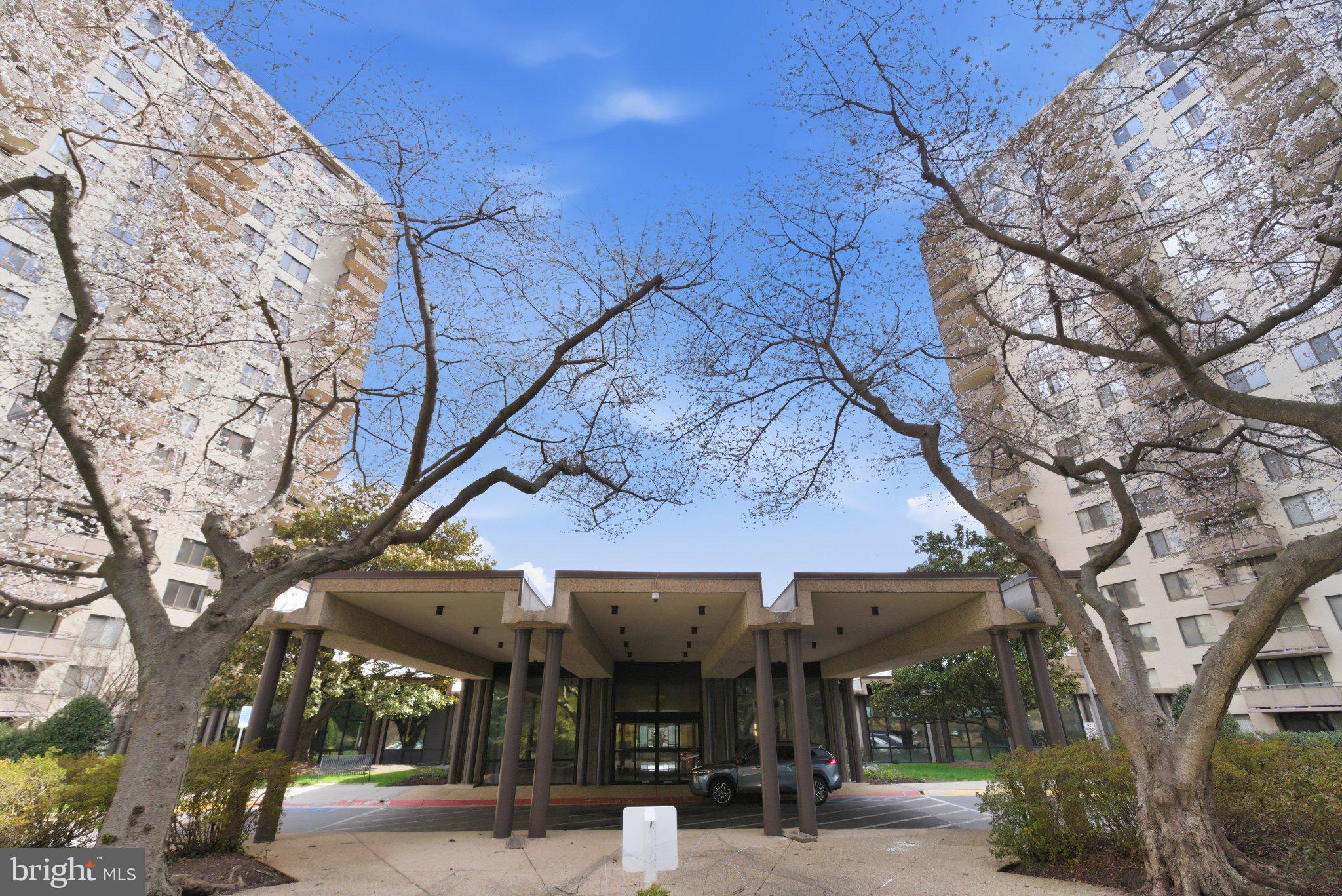 a view of a building with a tree