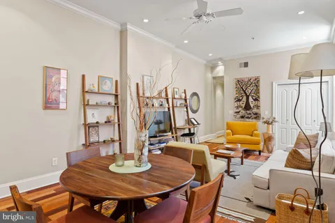 a view of a dining room with furniture