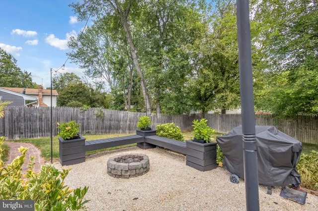 a garden view with a seating space