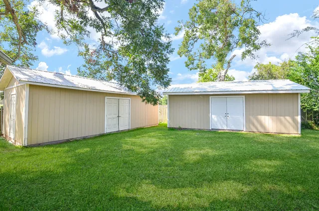 a view of a backyard with plants and a large tree