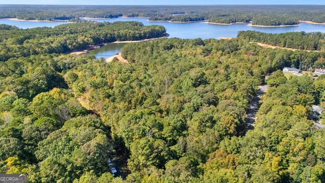 an aerial view of a houses with a yard and lake view