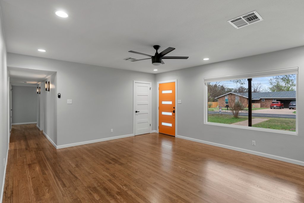 3404 Touchstone Street Austin, TX 78723 - Photo 7 of 32 Foyer entrance with ceiling fan, dark wood-style floors, and recessed lighting