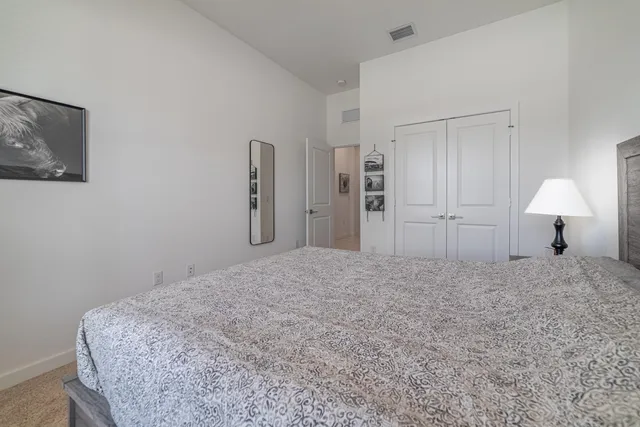 a bedroom with a bed and a walk in closet