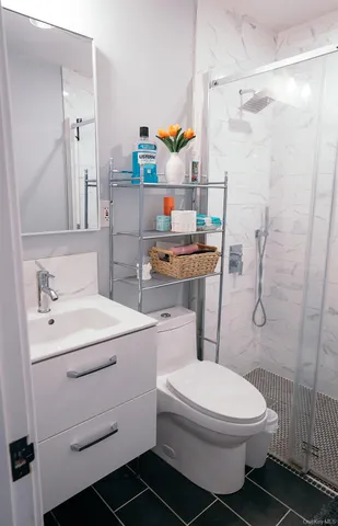 a bathroom with a sink toilet vanity and shower