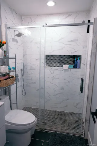 a bathroom with a shower and a toilet