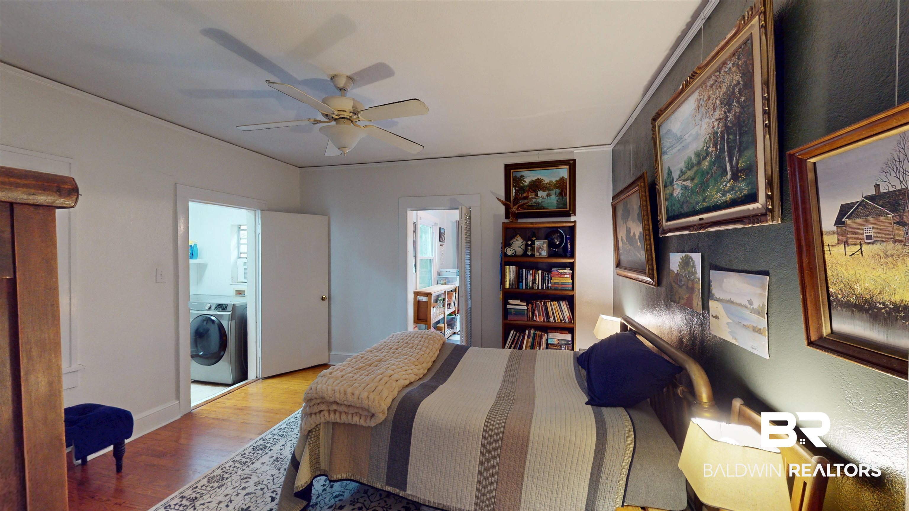 266 Westwood Street Mobile, AL 36606 - Photo 16 of 34 Bedroom with washer / clothes dryer, wood finished floors, a ceiling fan, and baseboards