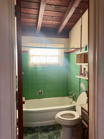a bathroom with a sink a toilet a bathtub and shower