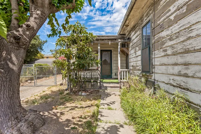 a front view of a house with a tree